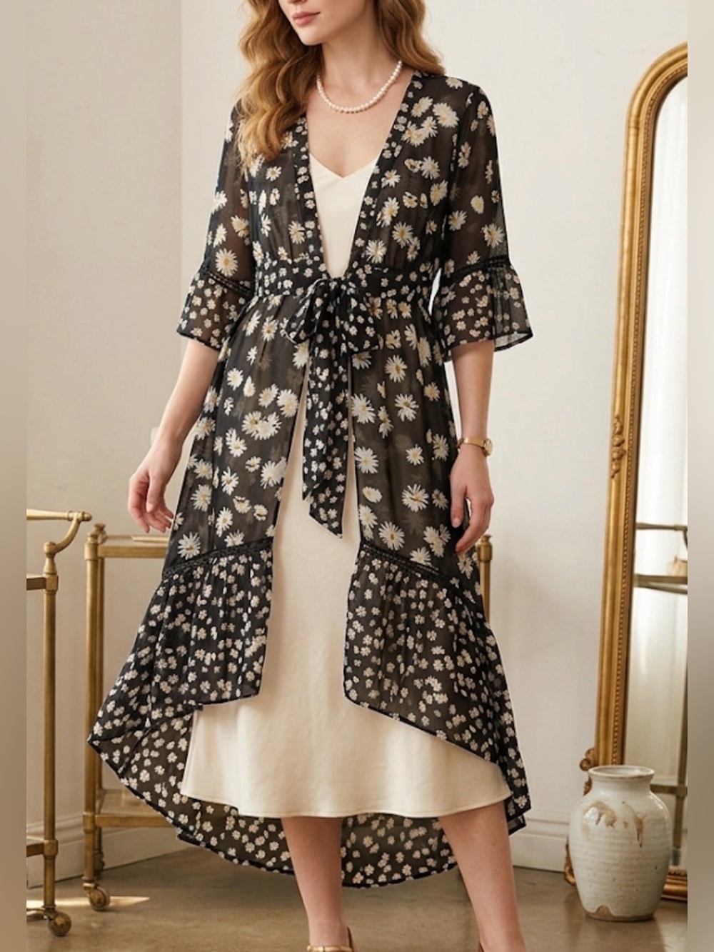 Cabi Black Daisy Floral Sheer Chiffon Tie Front Duster Cardigan Small 5650